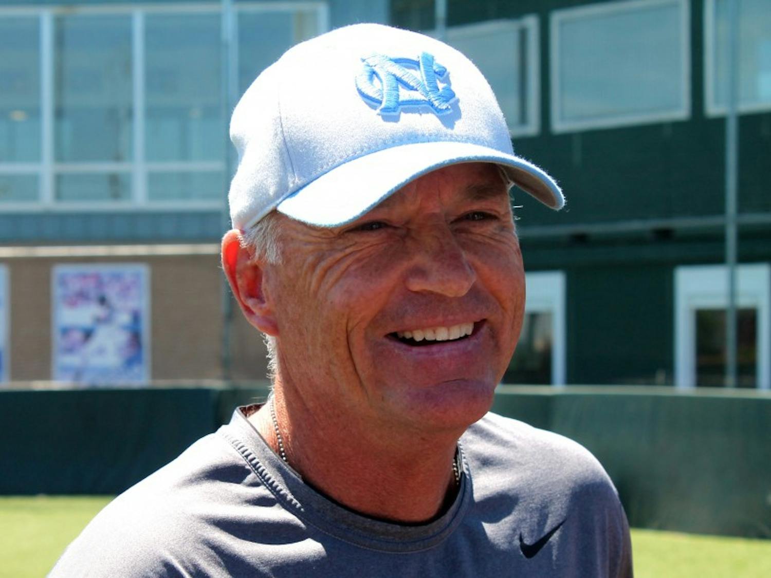 	Coach Mike Fox addresses the media after Monday afternoon&#8217;s practice at Creighton&#8217;s field. 