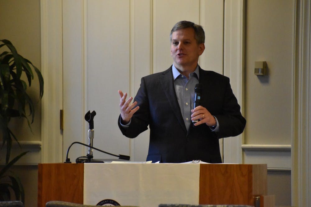 <p>North Carolina Attorney General Josh Stein delivers a talk at UNC on January 24, 2018.</p>