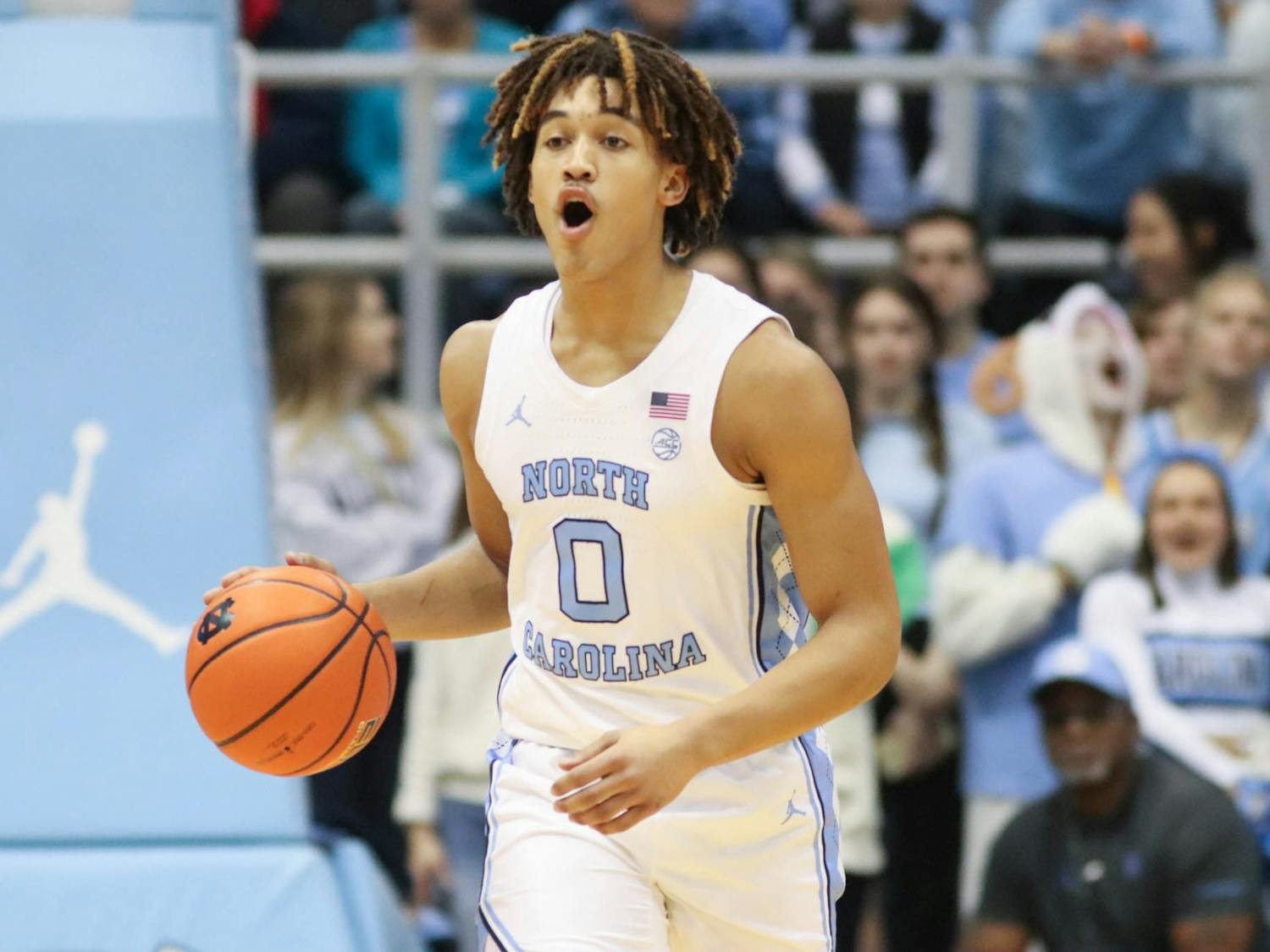 UNC freshman guard Seth Trimble (0) brings the ball up the court during the men's basketball game against The Citadel at the Dean Smith Center on Tuesday, Dec. 13, 2022. UNC beat The Citadel 100-67.