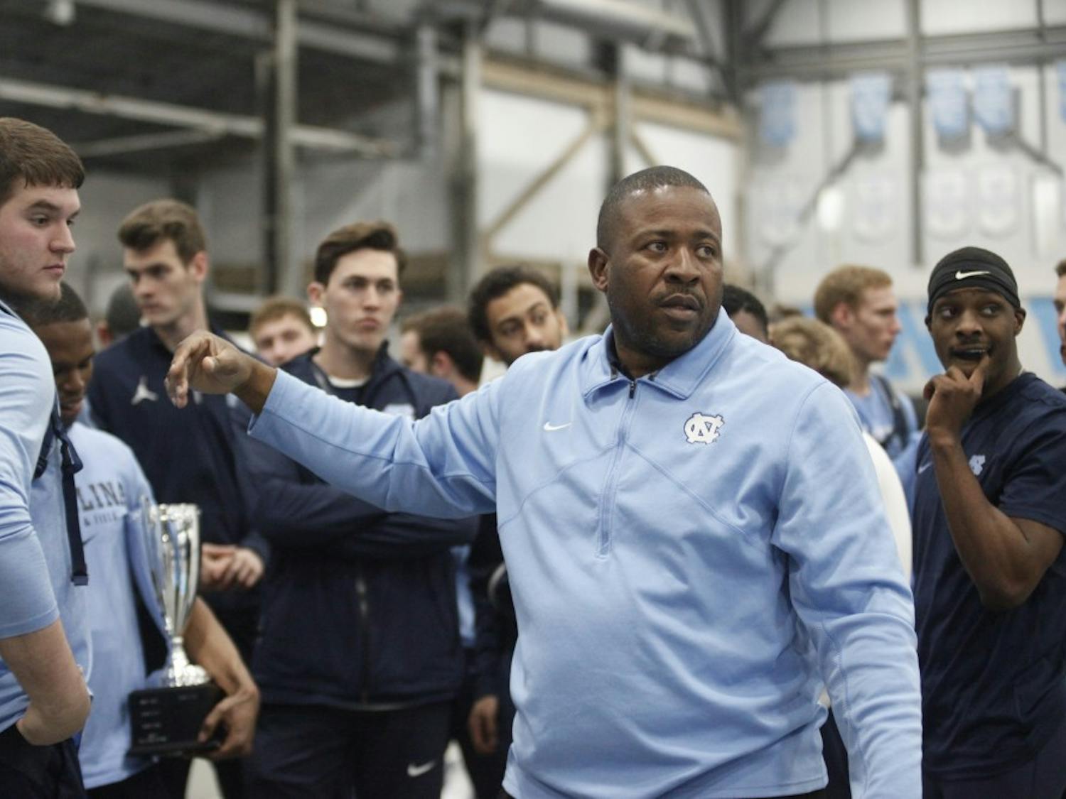 Harlis Meaders, UNC's track and field head coach, addresses the team after a January meet.