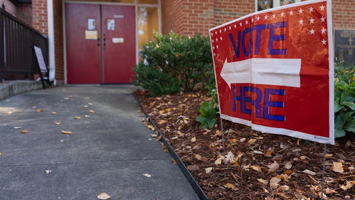 The East Franklin voting precinct pictured on Election Day, Nov. 2, 2021. "Vote Here" signs were placed along the walkway to guide voters to the entrance of the precinct.