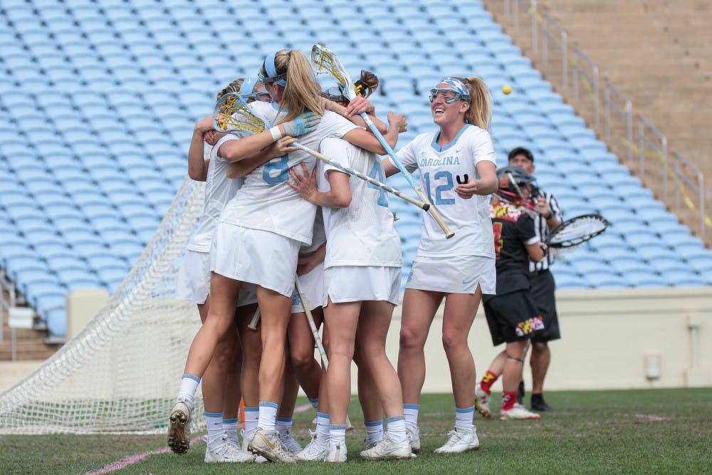 No. 8 UNC women's lacrosse celebrates a goal against no. 1 Maryland on Saturday, Feb. 24.