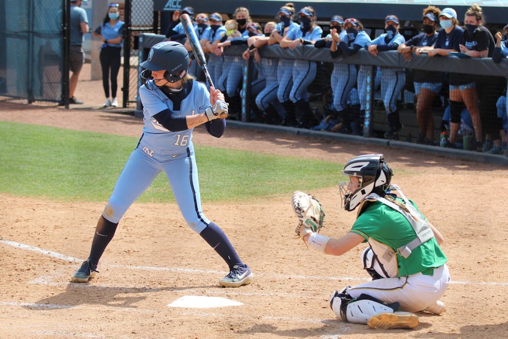 UNC first-year middle infielder and outfielder Kiannah Pierce (16) prepares to bat during the Tar Heels' 2-1 win against Notre Dame at Anderson Stadium on March 14, 2021.