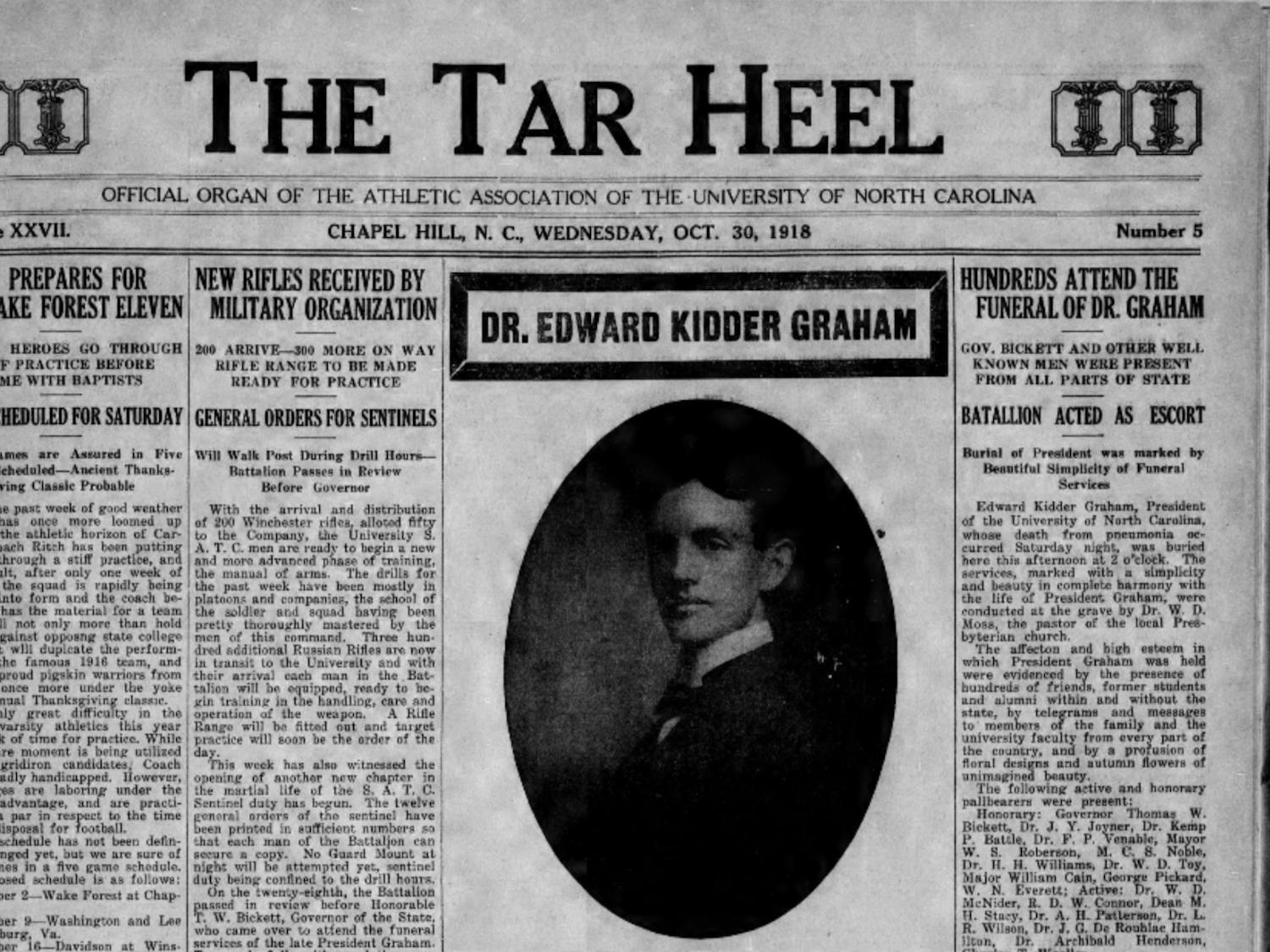 The front page of The Daily Tar Heel, then called The Tar Heel, on Oct. 30, 1918. The influenza pandemic killed seven people at UNC, including University President Edward Kidder Graham.