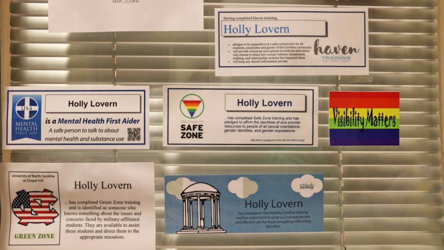 The decorated door of Holly Lovern, the Gender Violence Service Coordinator, was hired in the fall of 2016.