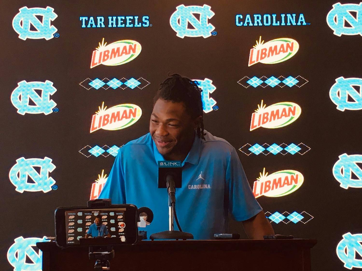 UNC senior defensive back Myles Dorn (1) speaks at the players availability conference on Tuesday, Sept. 24, 2019. 