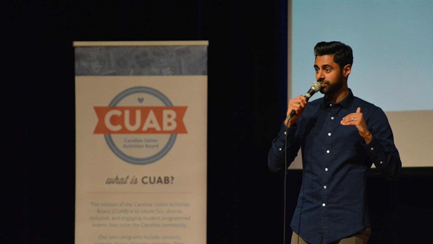 Hasan Minhaj of The Daily Show talks about the election results from the Muslim perspective on Saturday night in the Great Hall.The UNC Muslim Students Association worked with the Carolina Union Activities Board to hold the event. 