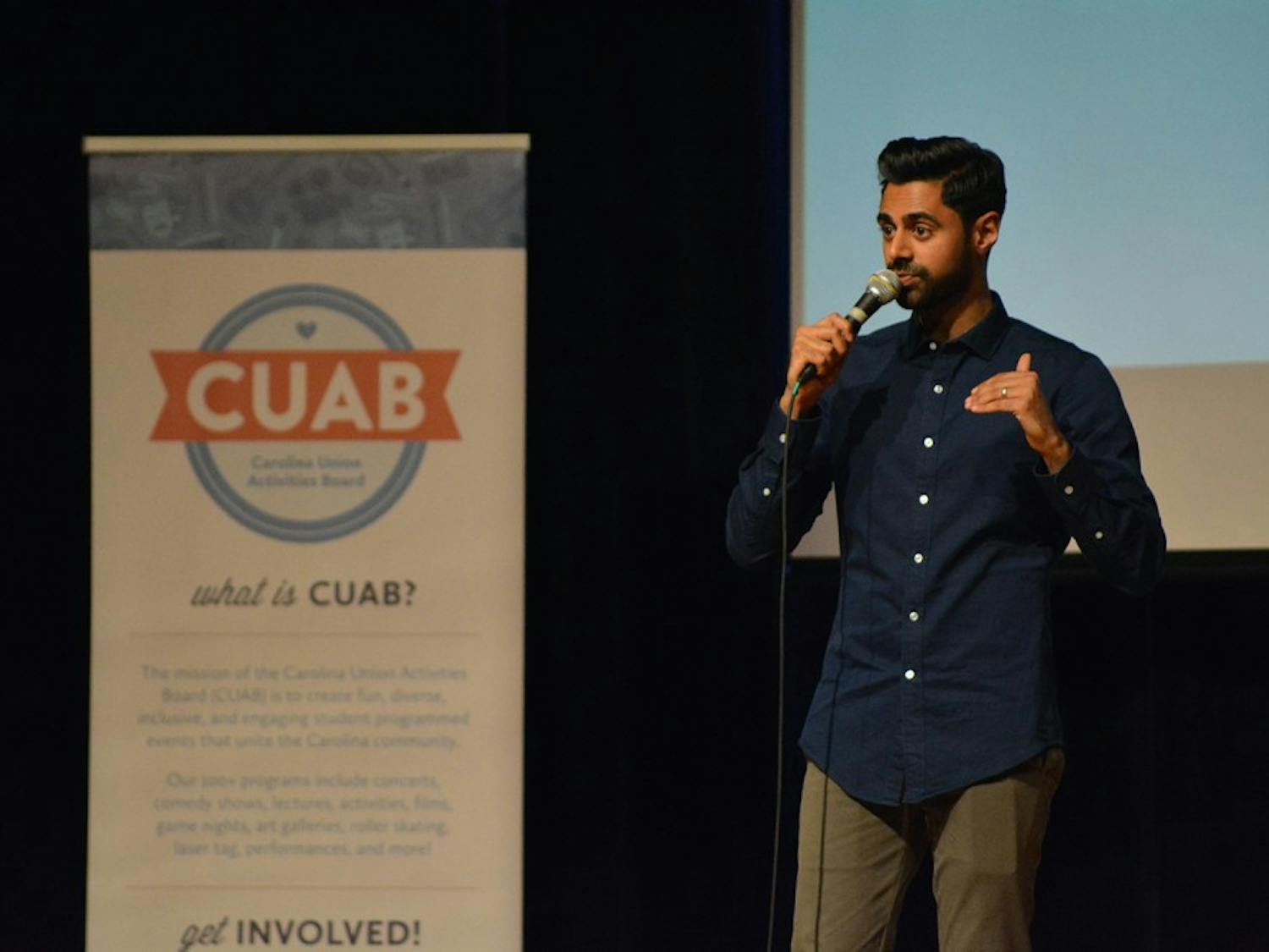 Hasan Minhaj of The Daily Show talks about the election results from the Muslim perspective on Saturday night in the Great Hall.The UNC Muslim Students Association worked with the Carolina Union Activities Board to hold the event. 