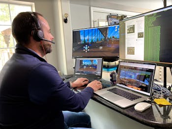 Steven King from the Hussman School of Journalism and Media prepares for his virtual reality class. King, who now teaches his class remotely due to COVID-19, is using a unique method to keep students learning. Photo courtesy of Steven King. 