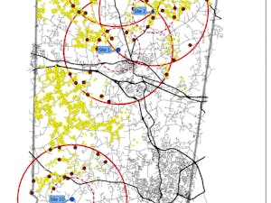Photo contributed by Jim Northrup.
The yellow dots represent underserved and unserved addresses while the red dots are test sites for Orange County.