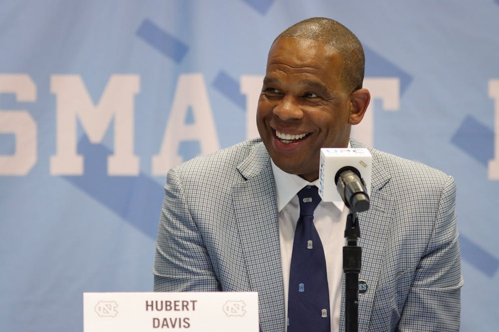 Hubert Davis, the new head coach of UNC men’s basketball, speaks at a press conference on Tuesday, April 6, 2021. “North Carolina is the standard. There's nobody that has family, nobody that's an example of togetherness and family than here at North Carolina,“ said Davis.
