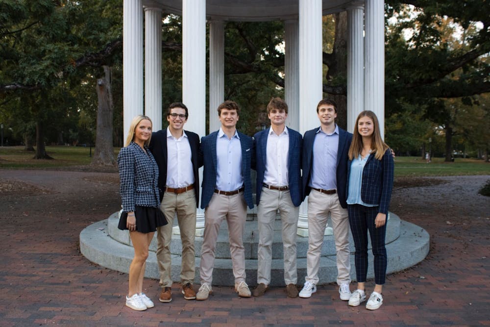 <p>The Executive Team of SolarEquity, a nonprofit organization dedicated to revolutionizing access to solar energy in North Carolina, poses together by the Old Well on Wednesday, Oct. 13, 2022.<br>
Photo Courtesy of SolarEquity.</p>