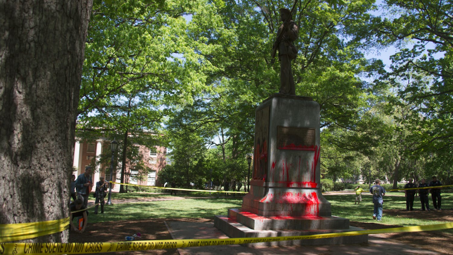Silent Sam, a Confederate monument on campus, was defaced with red paint on Monday, Apr. 30, 2018.