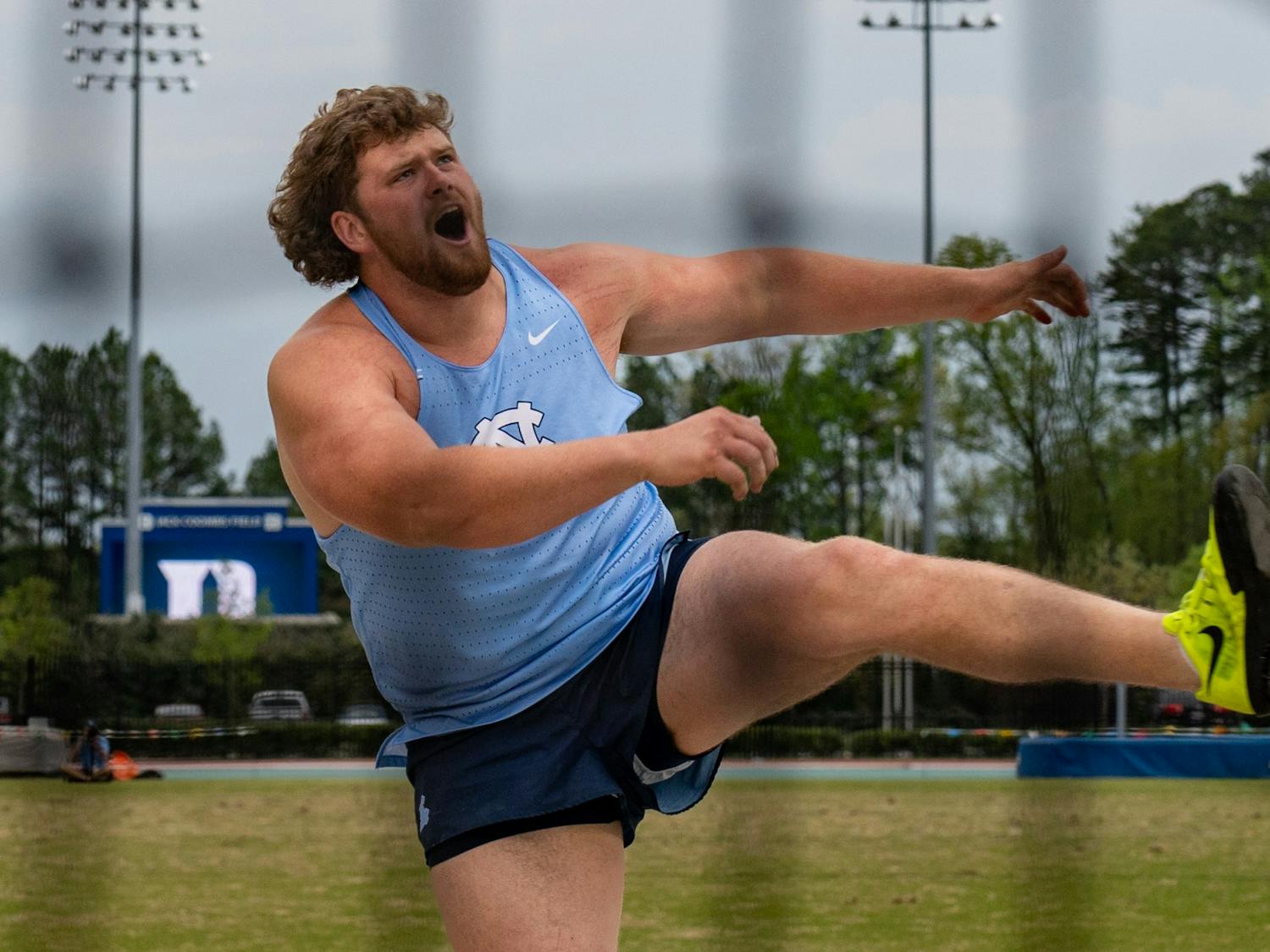 UNC first-year Spencer Williams throws the discus during the Duke Track and Field Invitational on Thursday, April 6, 2023, at Morris Williams Stadium.