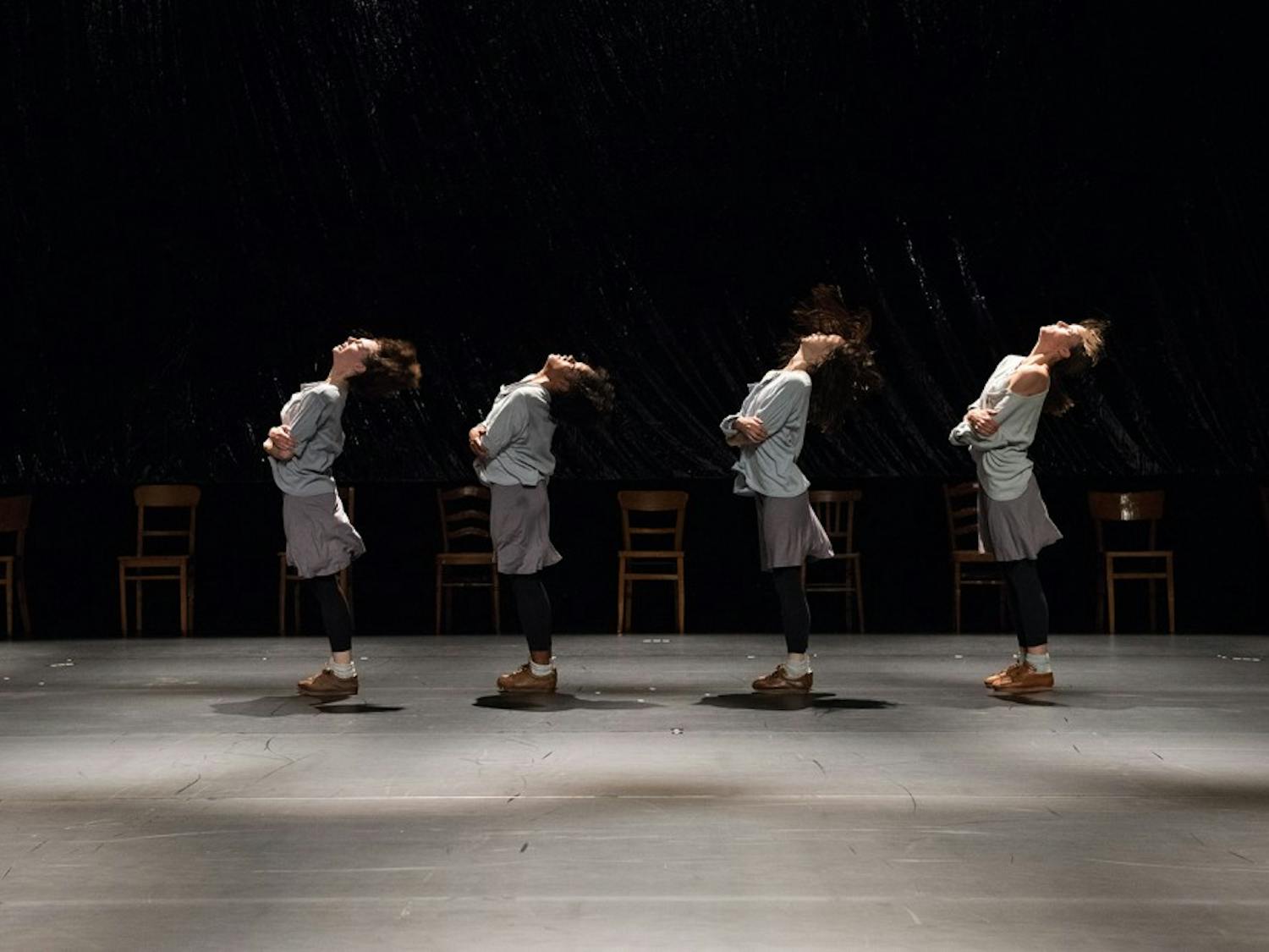 Four dancers performing "Rosas danst Rosas." Photo courtesy of Anne Van Aershchot.