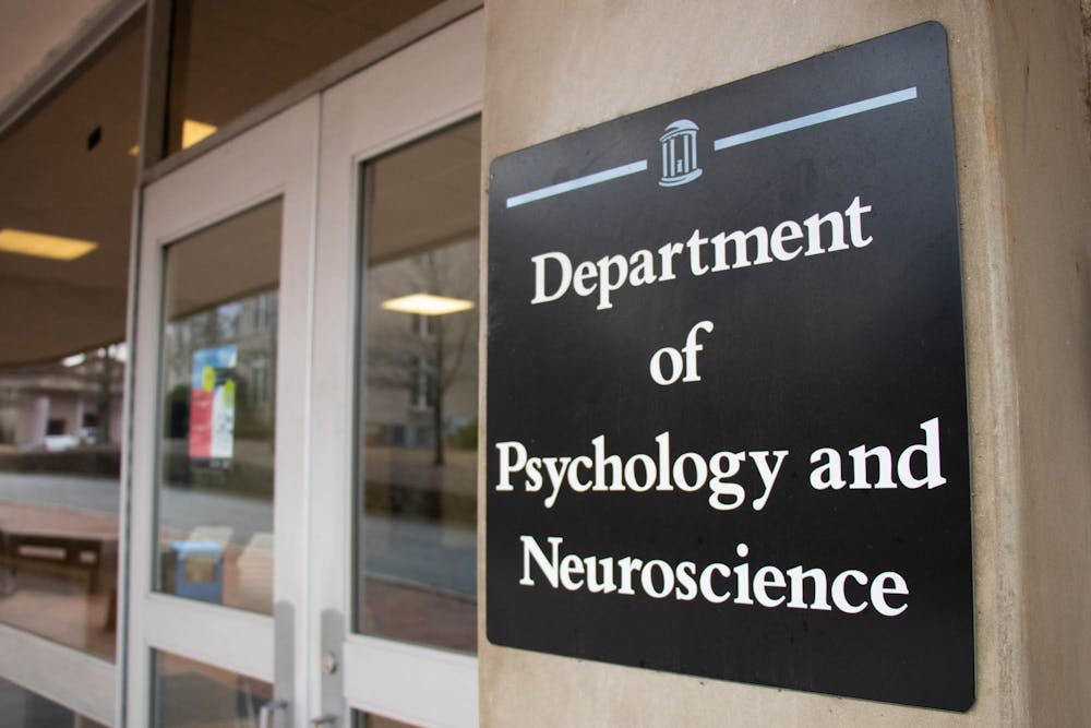 The entrance of UNC's Department of Psychology and Neuroscience, located in Davie Hall, is pictured on Jan. 12, 2023.