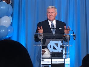 North Carolina football head coach Mack Brown speaks during his introductory press conference on Nov. 27, 2018.