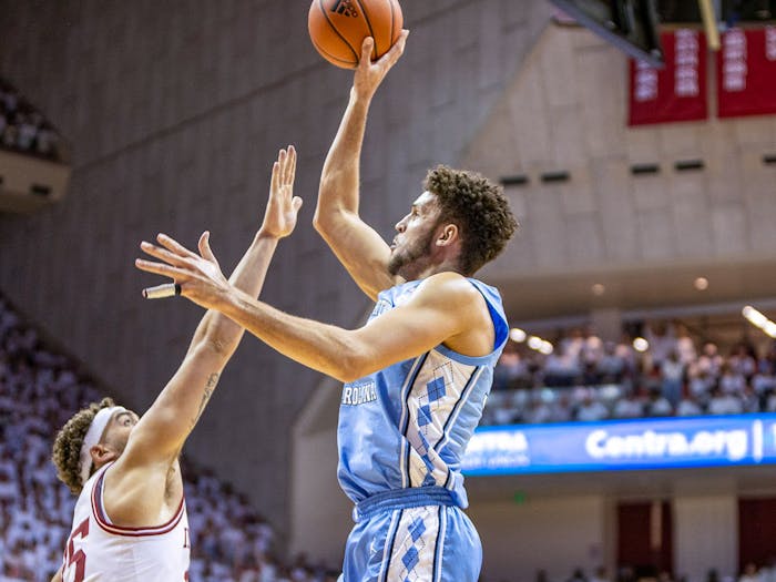UNC graduate forward Pete Nance (32) shoots the ball during the men's basketball game against Indiana at Simon Skjodt Assembly Hall in Bloomington, Ind. on Wednesday, Nov. 30, 2022. UNC fell to Indiana 77-65. 
Photo Courtesy of Maggie Hobson/UNC Athletics.