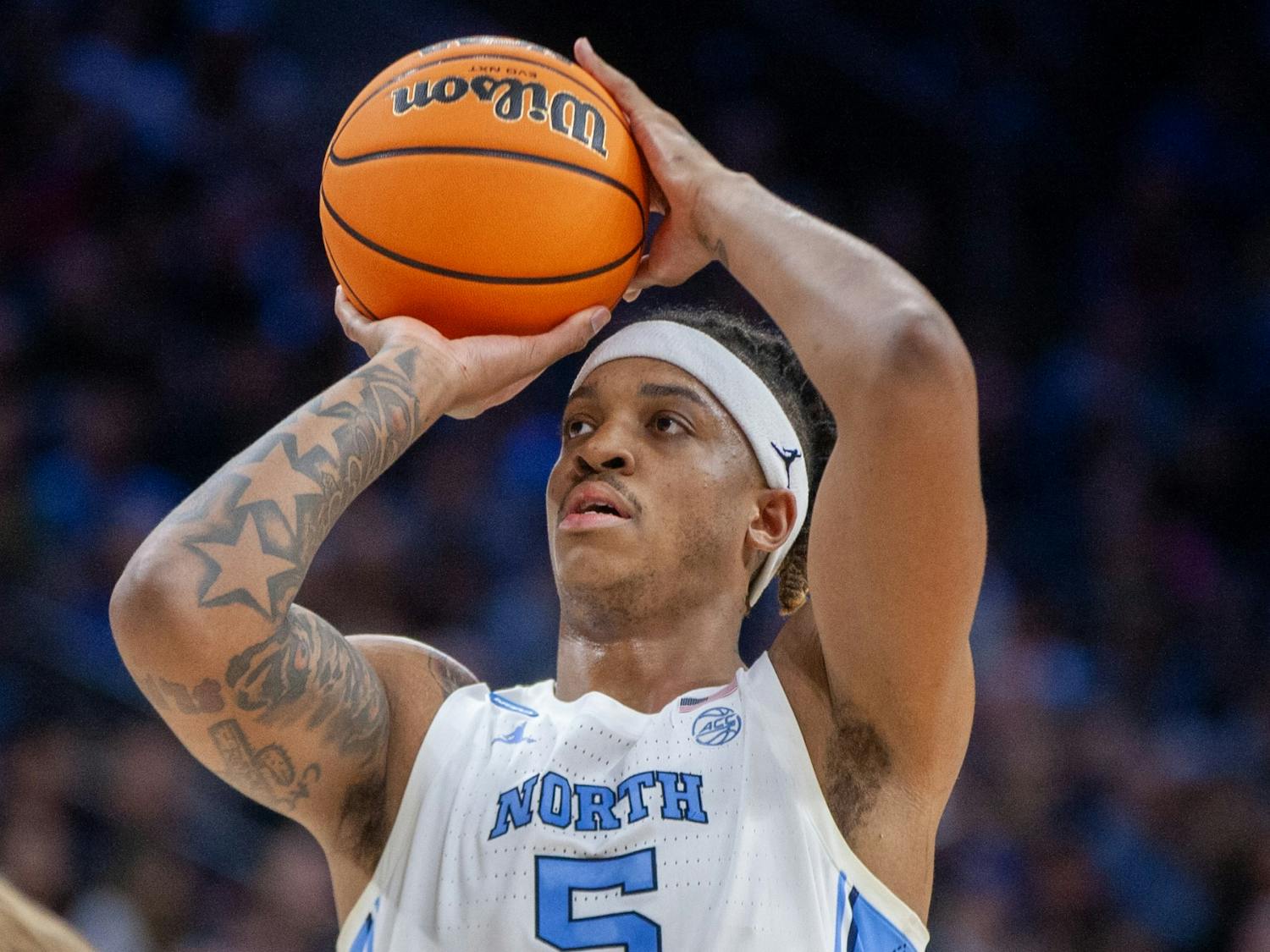 Junior forward Armando Bacot (5) throws a free throw at the Elite 8 game of the NCAA tournament against St. Peter's at the Wells Fargo Center in Philadelphia. UNC won 69-49 and is advancing to the Final Four. &nbsp;&nbsp;