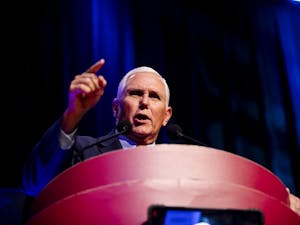 Mike Pence, former vice president of the United States, speaks to a room of students and community members during a speech on UNC's campus on Wednesday, April 26, 2023. Pence was hosted by the UNC College Republicans in an event called "Saving America from the Woke Left."