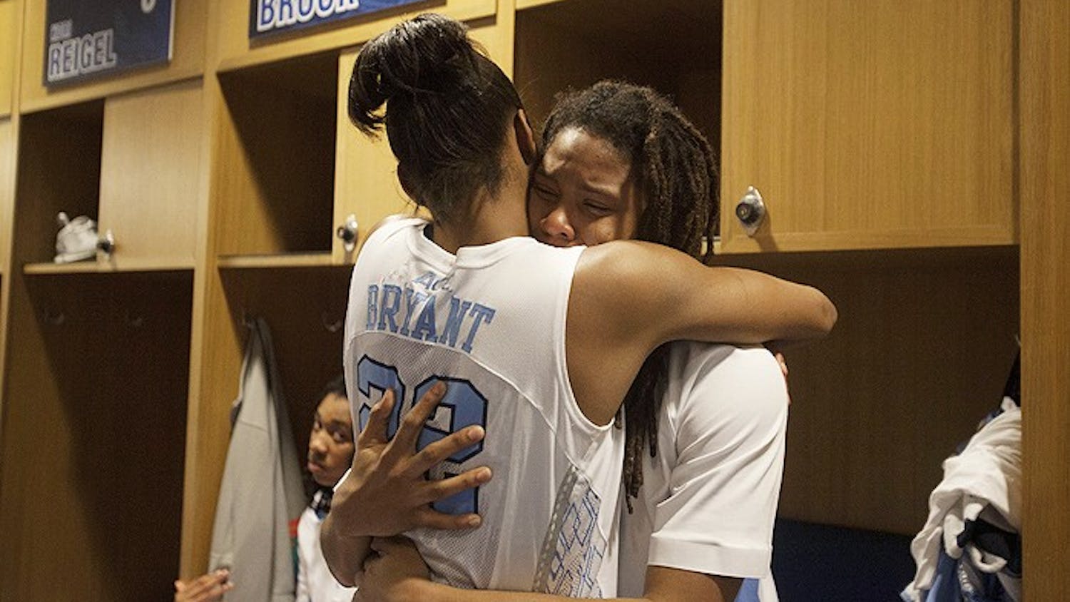 	N’Dea Bryant hugs Tierra Ruffin-Pratt after the UNC Women’s basketball team lost to Delaware in the second round of the NCAA tournament on Tuesday night.