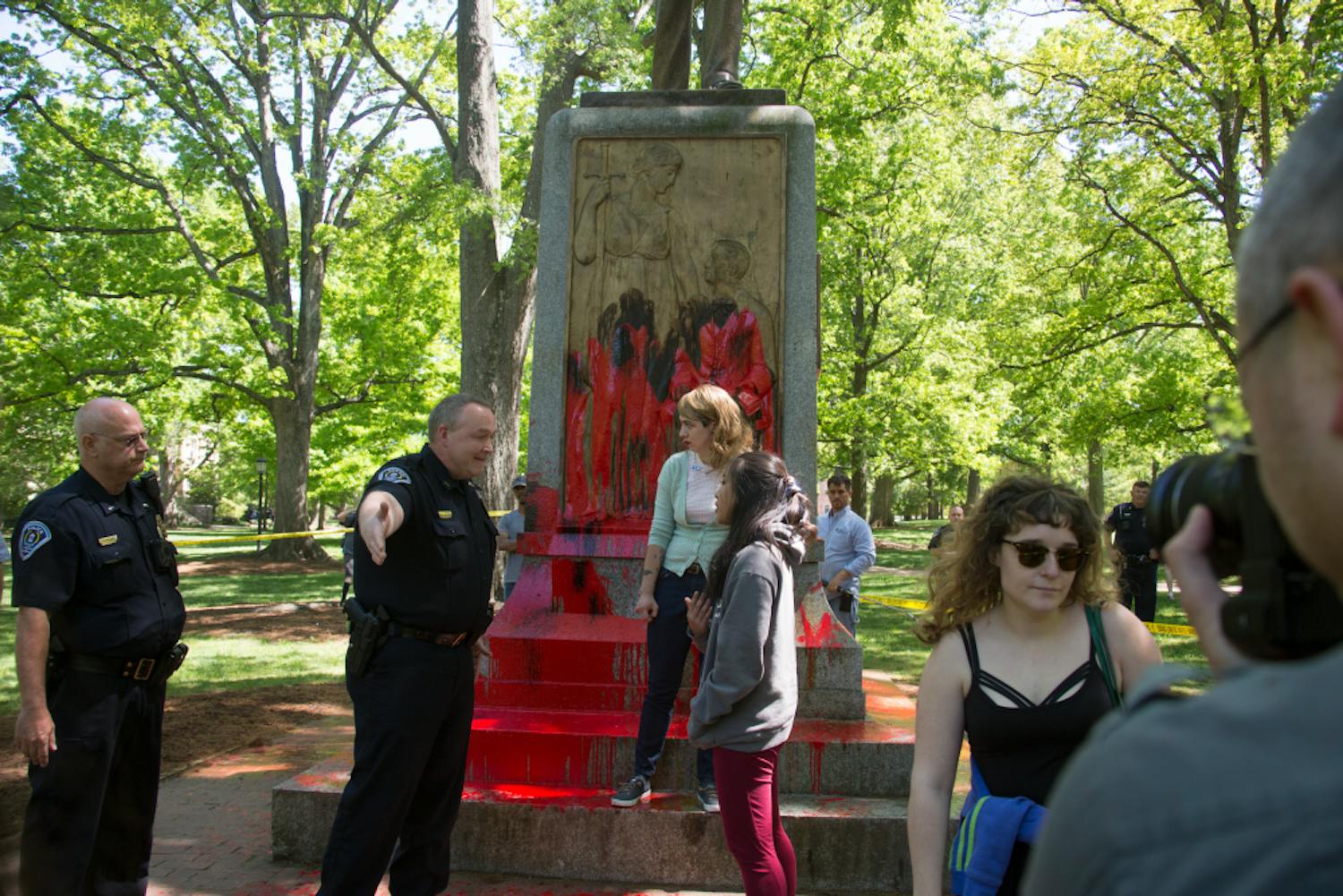 Silent Sam, a Confederate monument on campus, was defaced with red paint on Monday afternoon.