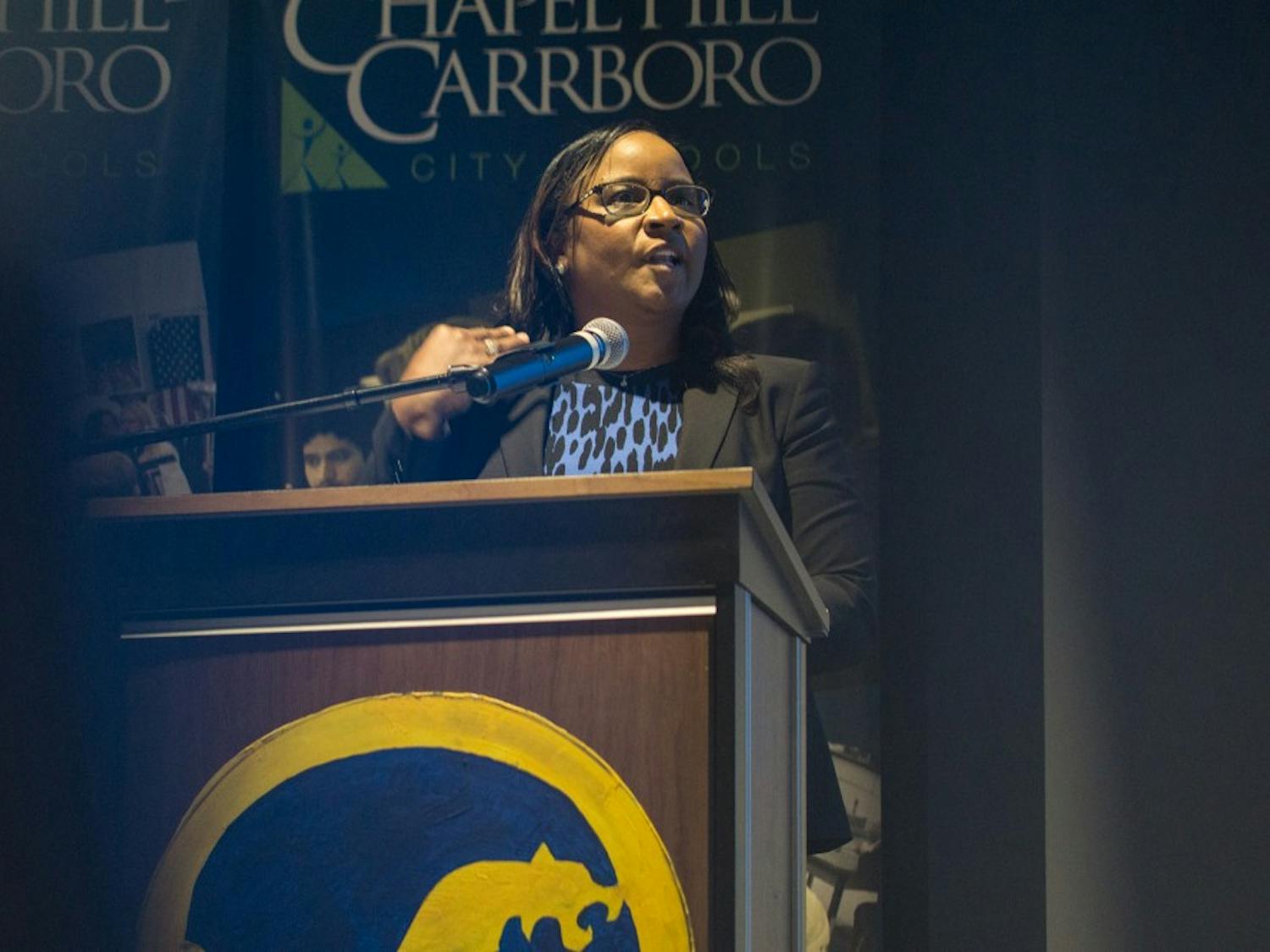 Chapel Hill- Carrboro City Schools Superintendent Pamela Baldwin spoke Wednesday, April 10, at the State of the Schools address.  "The disparity," she said, "between white and Asian students compared to black and brown students is significant."