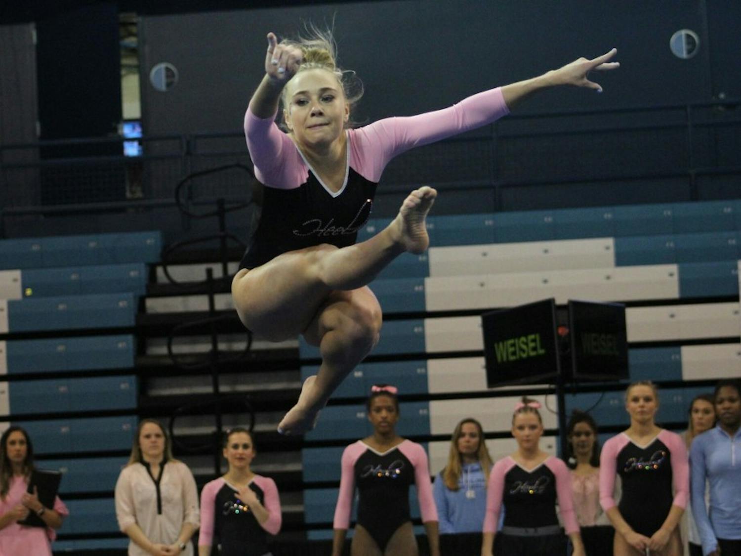 Senior Lauren Weisel competes against Brown in the North Carolina gymnastics team's meet on Feb. 19 on Carmichael Arena.