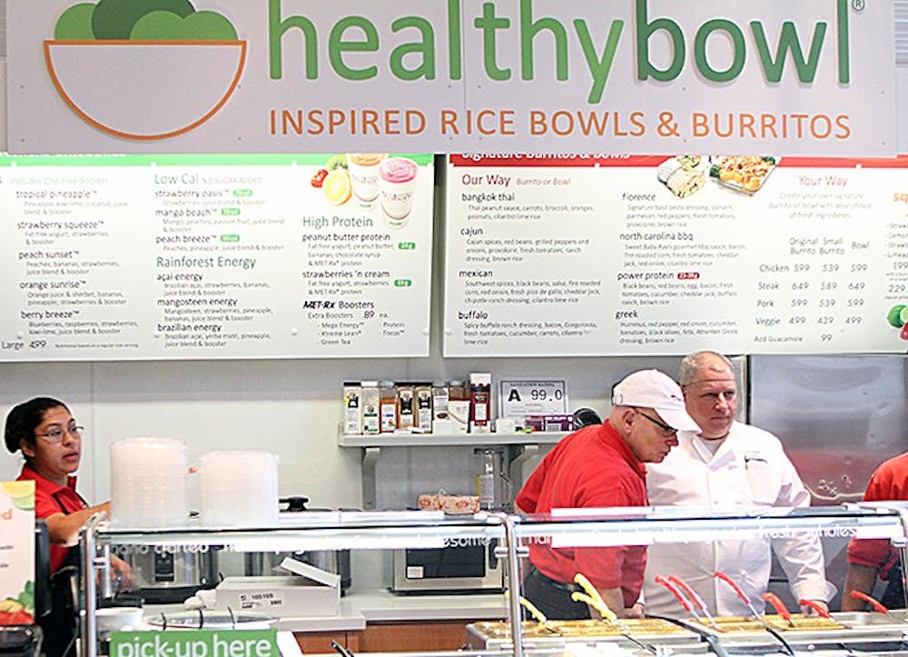 Healthy Bowl is now OPEN! It's alongside Freshens. Now the location is split between smoothies on the left, and burritos and rice bowls on the right. 