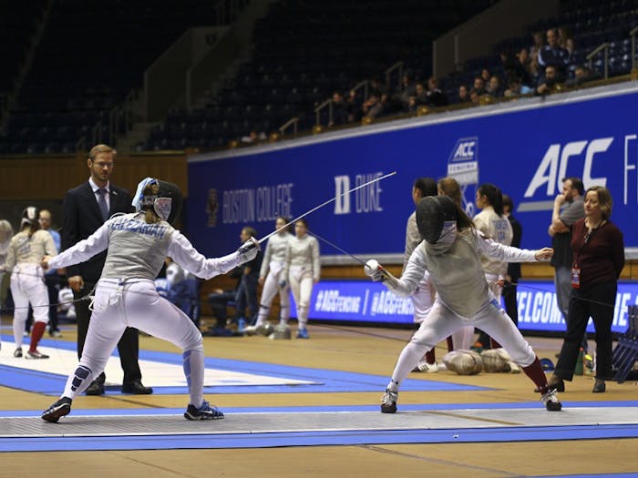 Amanda Lalezarian (UNC) preparing to lunge during a match. The UNC Women's Team placed 3rd at the ACC Fencing Tournament on Sunday, February 26, 2017.`