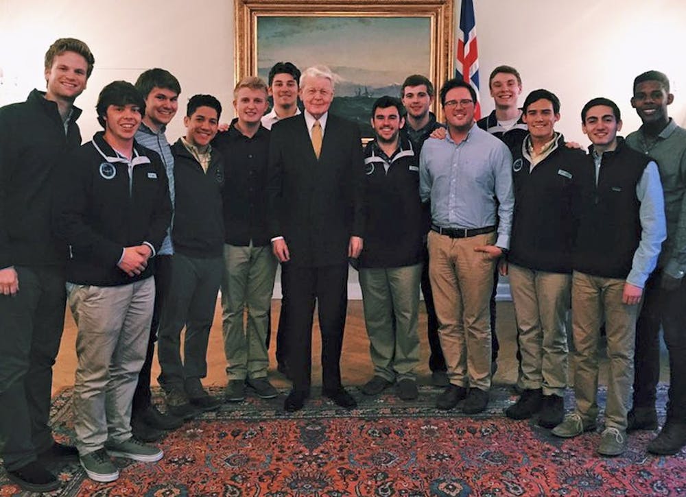 Iceland’s President Ólafur Ragnar Grímsson poses with the Clef Hangers after their performance (Courtesy of Channing Mitzell).