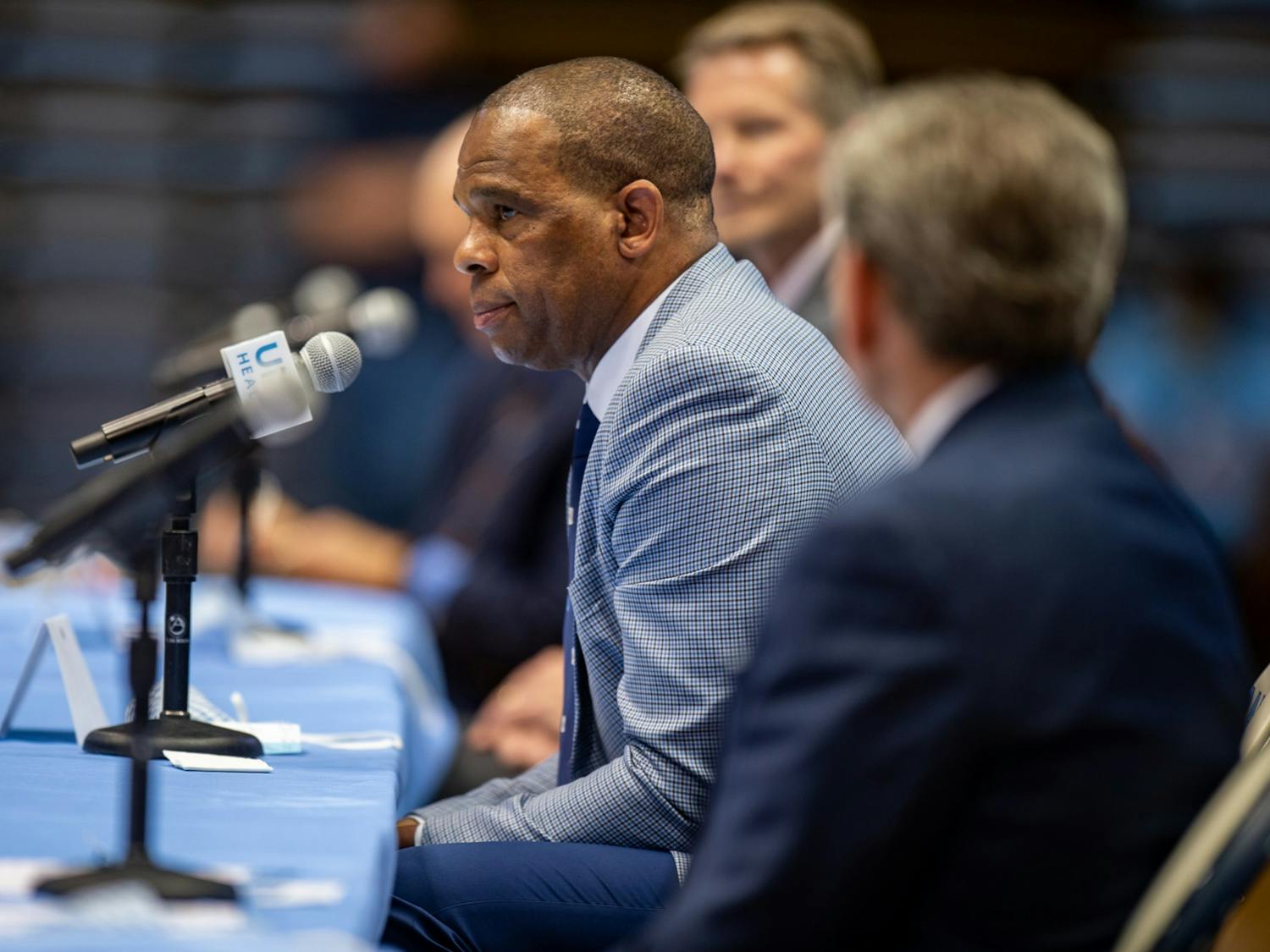 UNC Men's Basketball Head Coach Hubert Davis delivers remarks during his introductory press conference.