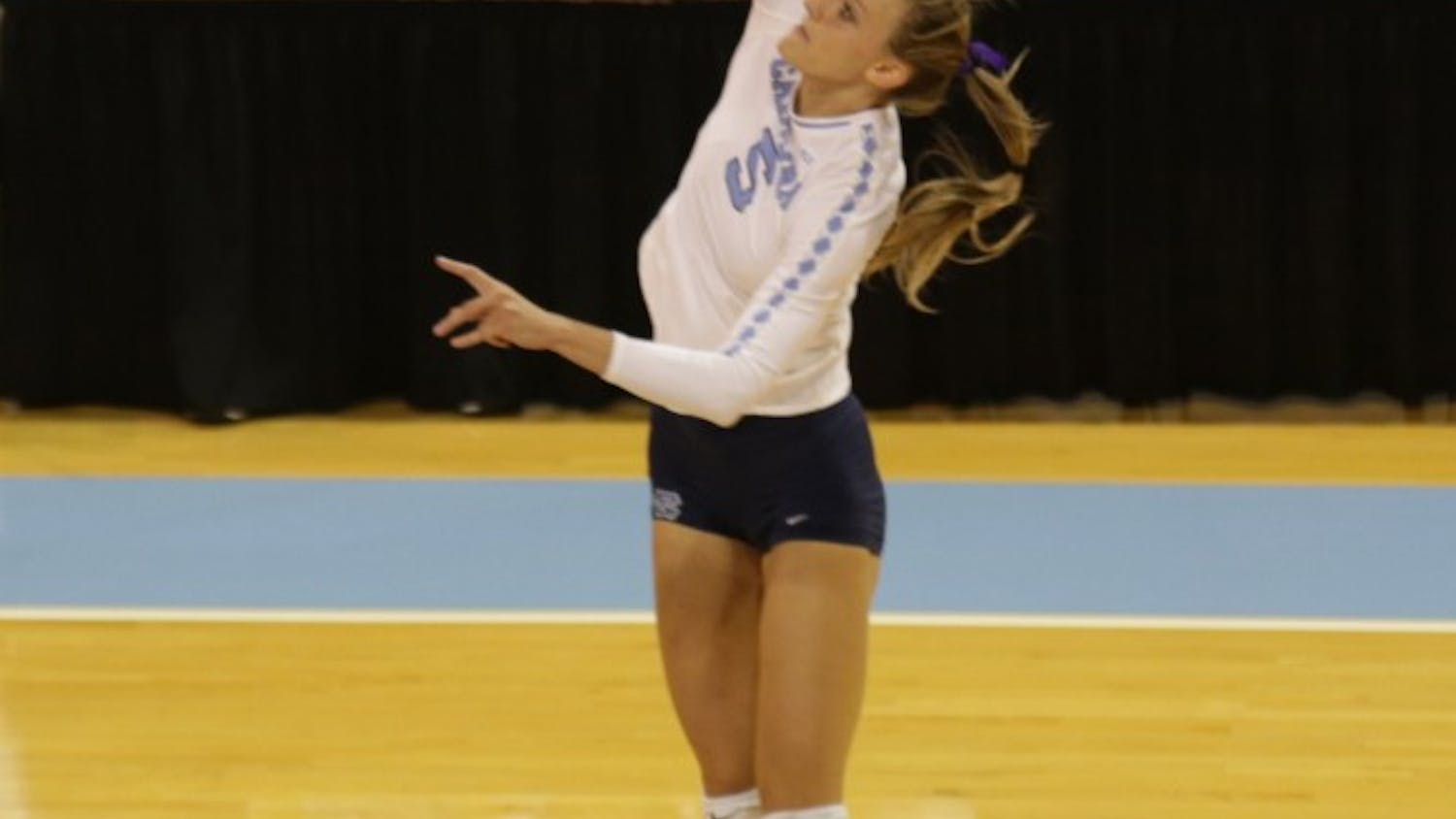 Redshirt senior Taylor Fricano (5) jumps for a hit against LIU Brooklyn on Sept. 8 in Carmichael Arena