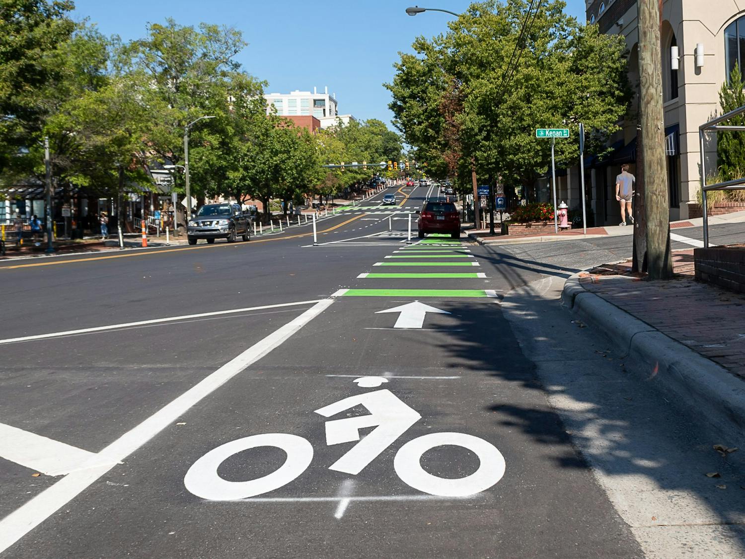 The freshly painted green bike lanes are pictured here on Franklin Street on Saturday, Sept. 17, 2022.