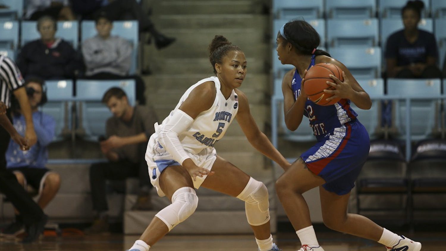 Sophomore guard Stephanie Watts (5) defends during the game against Elizabeth City State at Carmichael Arena on Monday.
