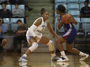 Sophomore guard Stephanie Watts (5) defends during the game against Elizabeth City State at Carmichael Arena on Monday.