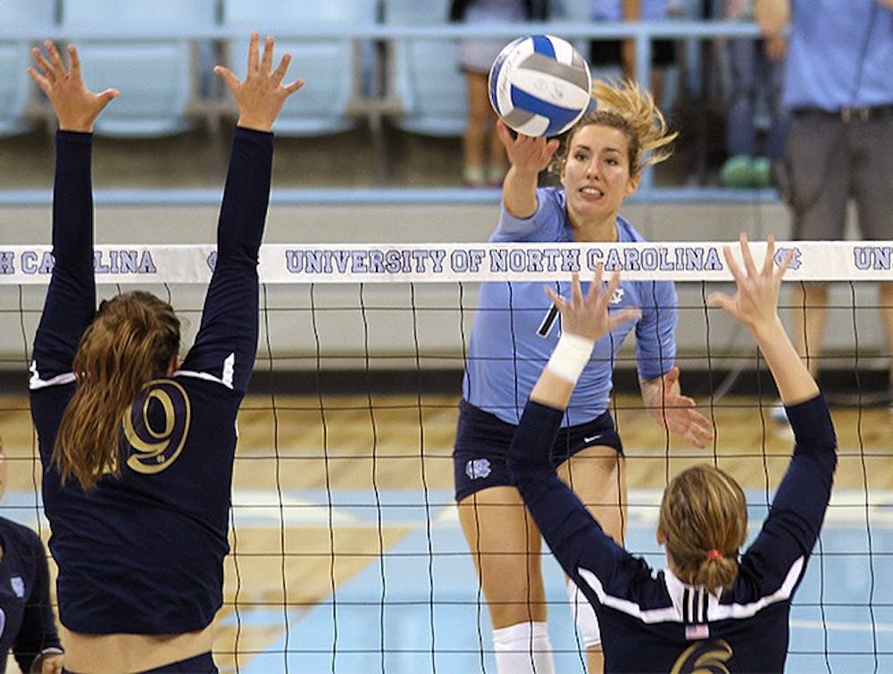 	Graduate student Jovana Bjelica recorded a team-high 16 kills in Friday’s game against Notre Dame at Carmichael Arena. The Tar Heels are 13-0.