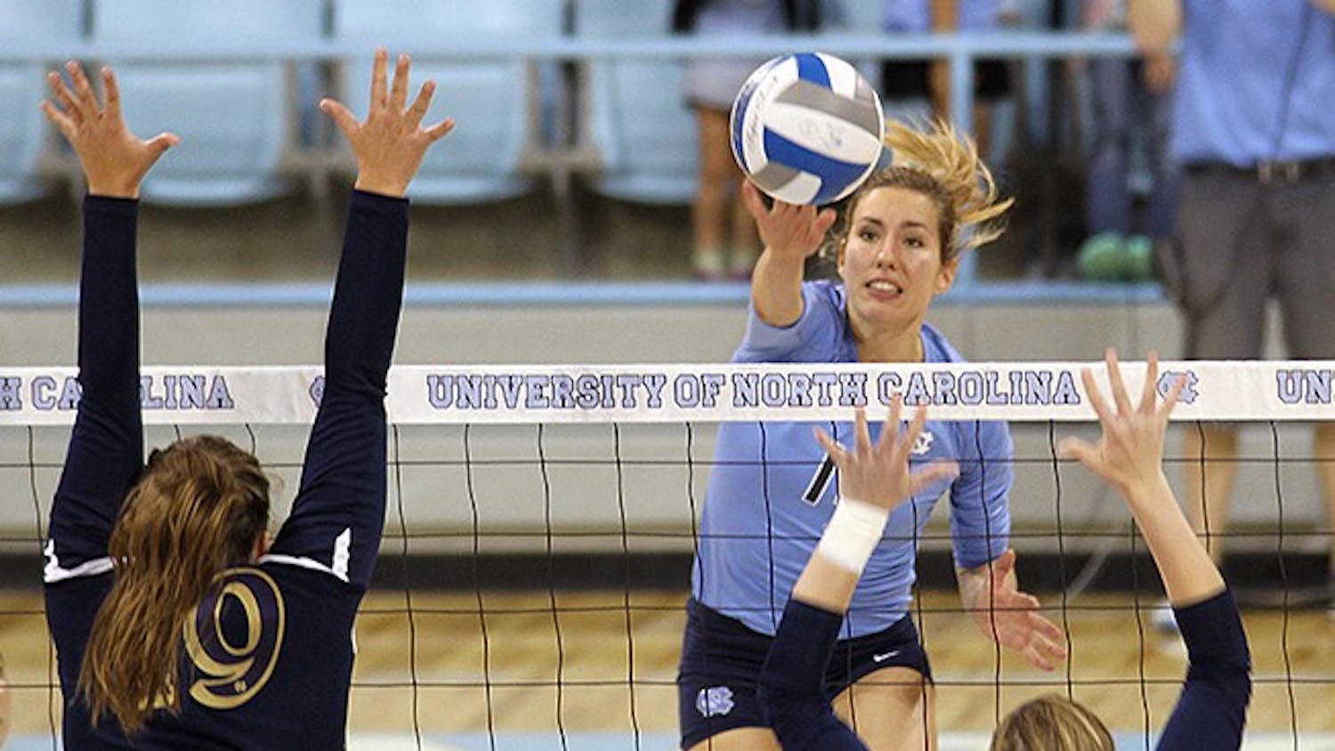 	Graduate student Jovana Bjelica recorded a team-high 16 kills in Friday’s game against Notre Dame at Carmichael Arena. The Tar Heels are 13-0.