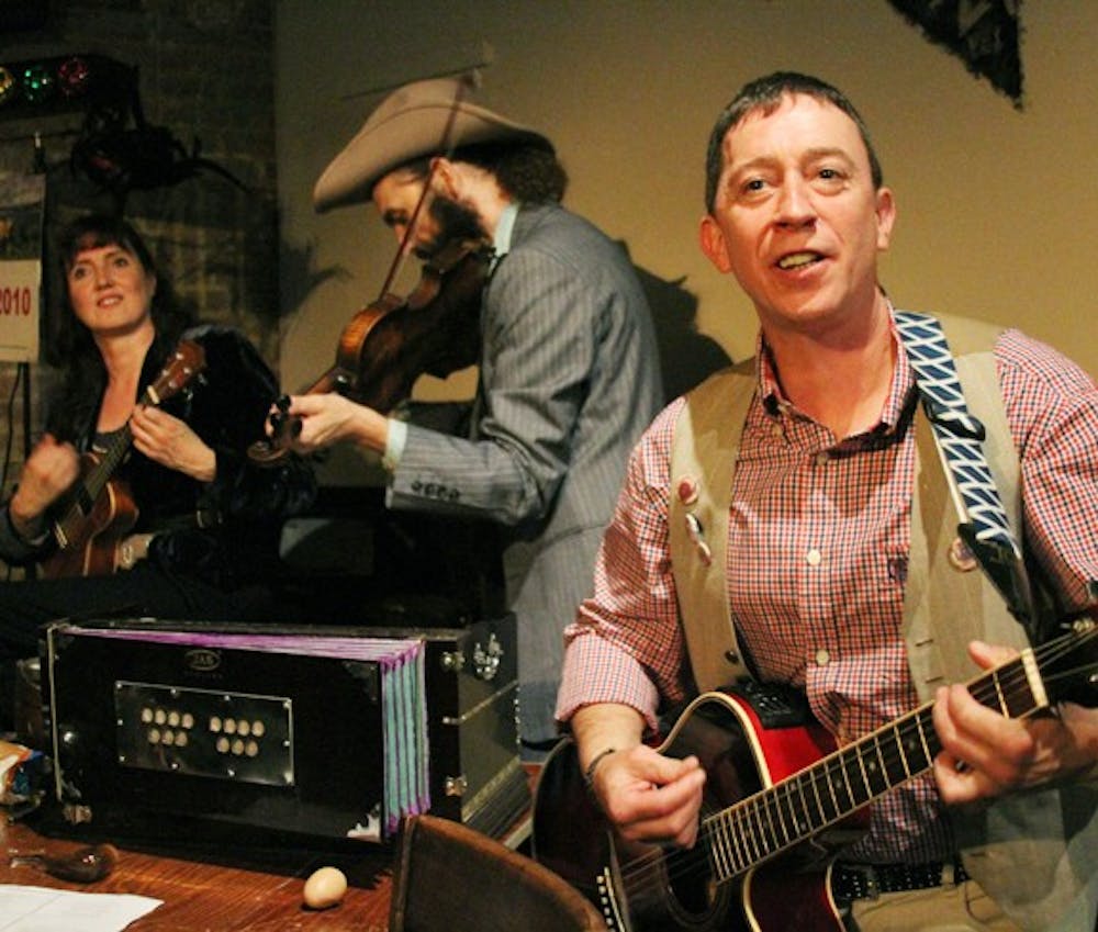	<p>David McKay, right, Alasdair Macrae and Annie Grace perform the play “The Strange Undoing of Prudencia Hart” in Top of the Hill’s Back Bar.</p>