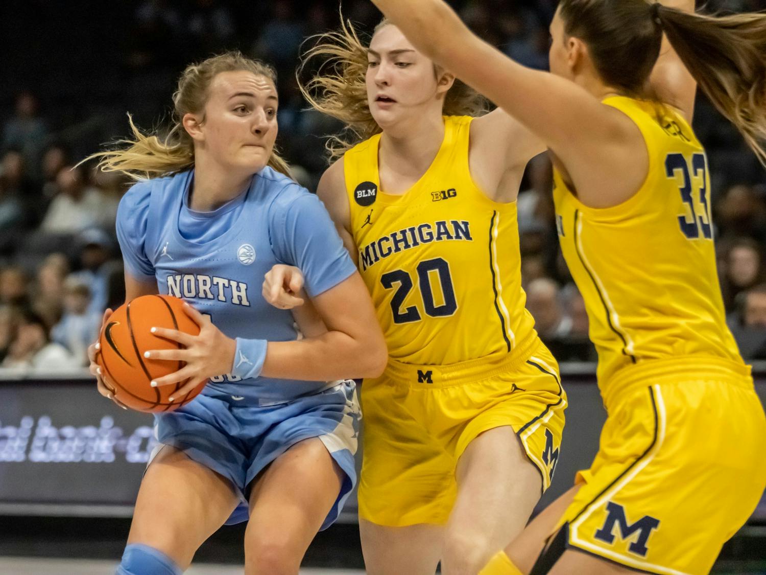 UNC junior guard Alyssa Utsby (1) looks for an during a game against Michigan at the Spectrum Center in Charlotte, N.C., on Tuesday Dec. 20, 2022. UNC fell to Michigan 76-68.