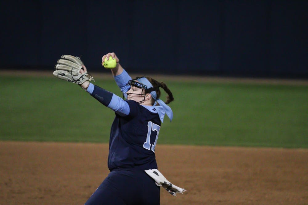 First-year pitcher Carlie Myrtle (17) pitches the ball versus Penn State on Friday, March 4, 2022. The Heels lost 0-12