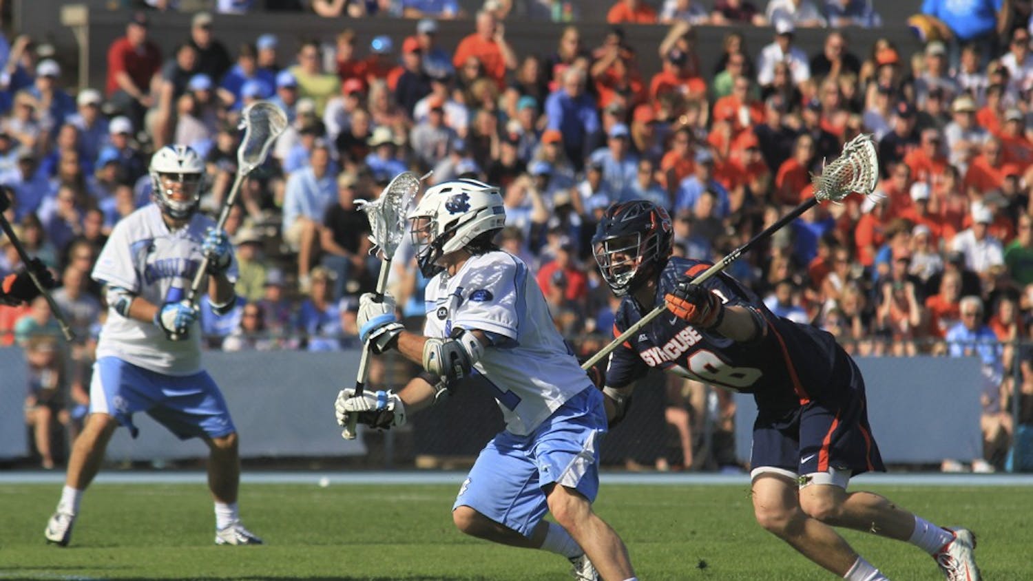 Senior Joey Sankey attempts a goal in the second half Saturday afternoon. Sankey became UNC's all-time leading scorer after UNC defeated Syracuse 17-15 at Fetzer field.
