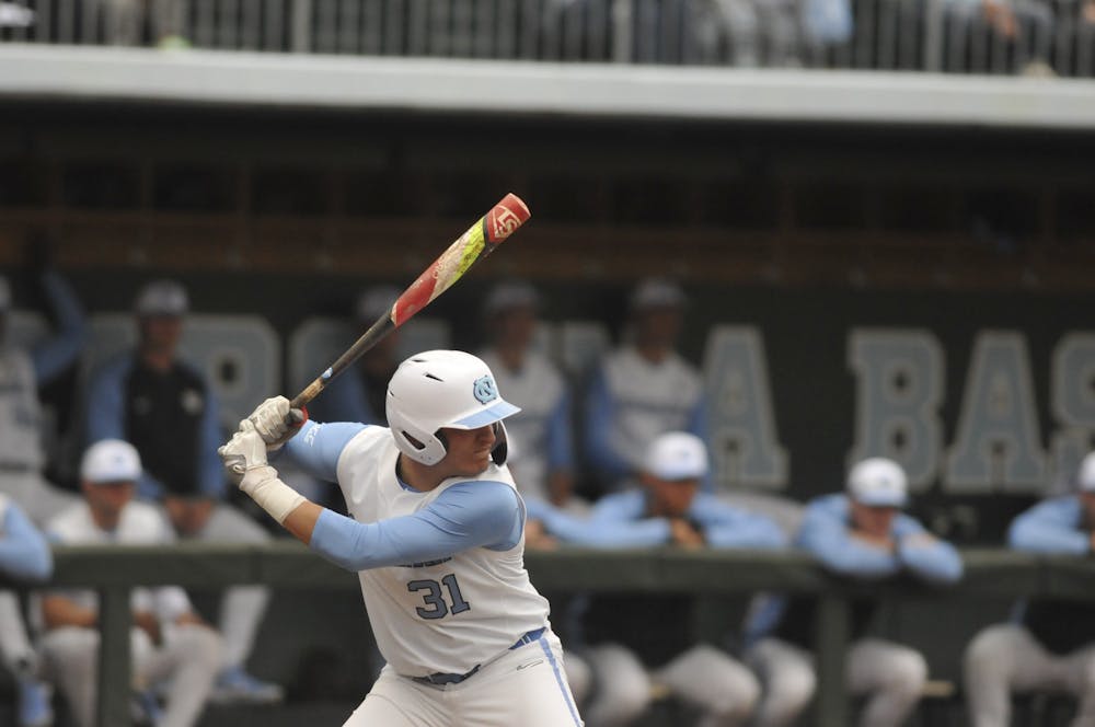 UNC junior pitcher Joey Lancellotti (31) prepares to bat at the Boshamer Stadium on Sunday, Feb. 16, 2020. UNC won against Middle Tennessee with a score of 5-4.