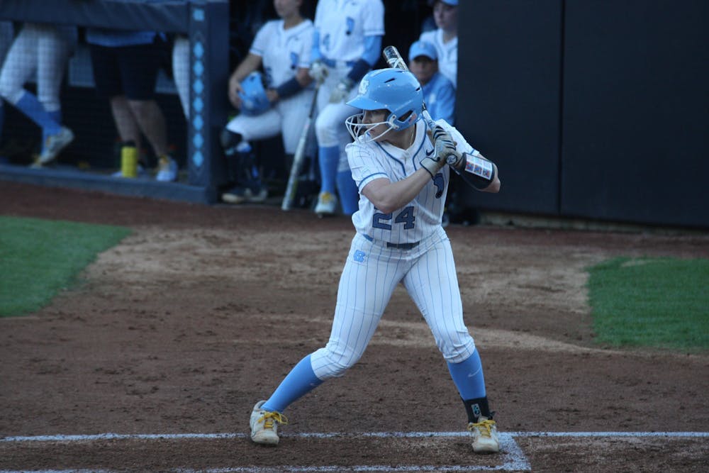Sophomore middle infield player Skyler Brooks (24) prepares to bat during a UNC softball game against the University of Michigan on Tuesday, Mar. 1 2022. The Tar Heels lost 0-8.