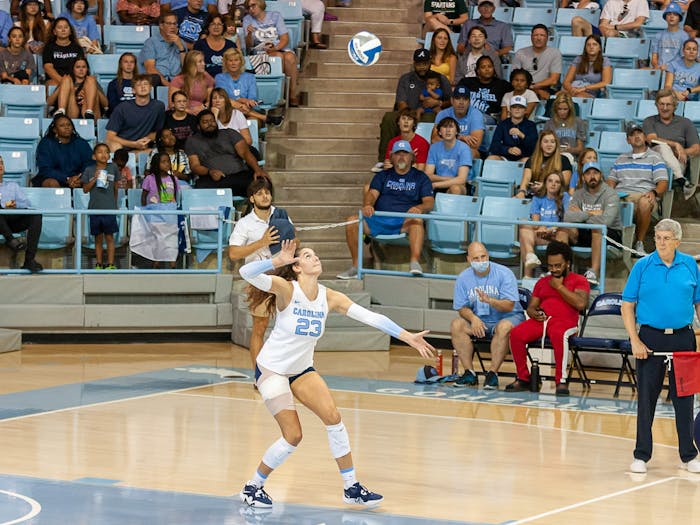 &nbsp;UNC senior outside hitter Parker Austin (23) serves the ball during the volleyball match against Michigan State on Friday, Sept. 9, 2022, at Carmichael Arena. UNC beat Michigan State 3-0.