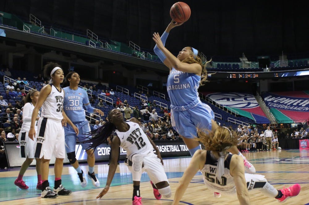 Carolina Guard Stephanie Watts (5) commits a&nbsp;charging foul in the final minute of the fourth quarter on Wednesday. The Carolina women's basketball team lost to the University of Pittsburgh 82-72 in the opening round of the ACC tournament.&nbsp;