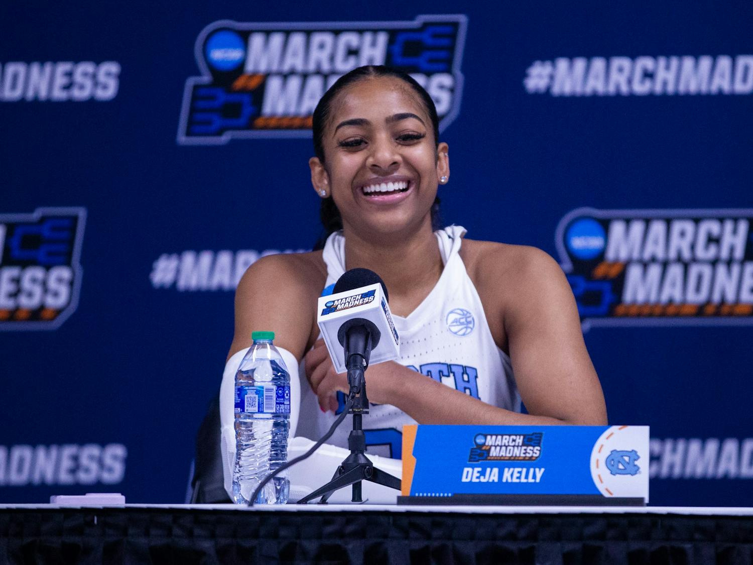 UNC junior guard Deja Kelly (25) speaks during a press conference after the women's basketball game against St. John's during the first round of the NCAA Women's Basketball Tournament at the Schottenstein Center in Columbus, Ohio on Saturday, March 18, 2023. UNC beat St. John's 61-59.