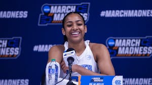 UNC junior guard Deja Kelly (25) speaks during a press conference after the women's basketball game against St. John's during the first round of the NCAA Women's Basketball Tournament at the Schottenstein Center in Columbus, Ohio on Saturday, March 18, 2023. UNC beat St. John's 61-59.