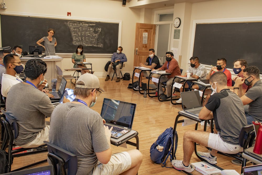 <p>Under the Warrior-Scholar Project, a cohort of veterans went through a week-long education program intended to prepare them for life as nontraditional college students. The cohort is pictured in Murphey Hall on July 27, 2021.&nbsp;</p>
