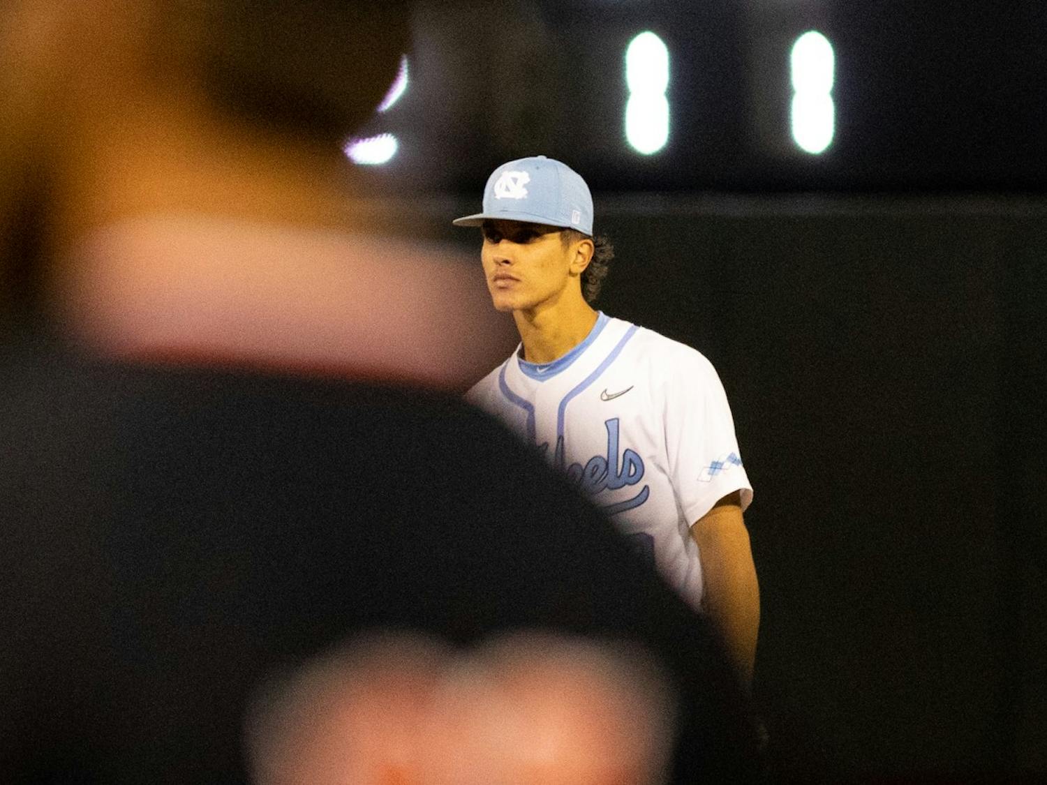 Sophomore second baseman Johnny Castagnozzi (19) sets up for the pitch during UNC's game against Campbell at Boshamer Stadium on Tuesday, April 19, 2022.